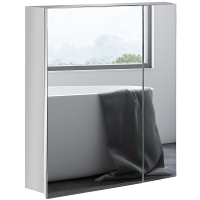 kleankin Wall Mounted Medicine Cabinet with Mirror Wall Mirror Cabinet with Hinged Doors 3-Tier Storage Shelves Silver