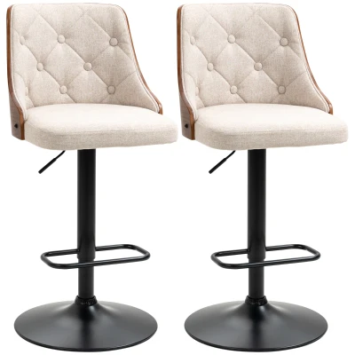 HOMCOM Counter Height Bar Stools Set of 2 with Solid Wood Back, Height Adjustable Swivel Barstools, Button Tufted Linen Fabric Bar Chairs with Footrest, Beige