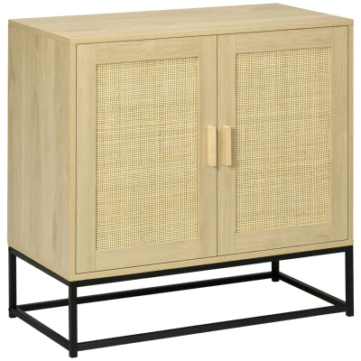 HOMCOM Wood Sideboard Accent Storage Cabinet with 2 Rattan Doors, Adjustable Shelf, and Steel Legs for Living Room Kitchen