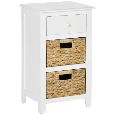HOMCOM End Side Table with Removable Woven Baskets and Drawer for Living Room, Bedroom, 15.6"x11.8"x26.2", White