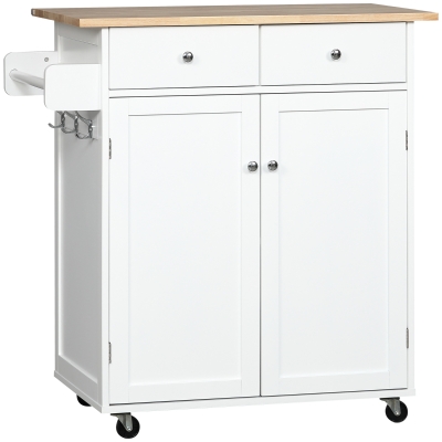 HOMCOM Rolling Kitchen Island with Storage, Kitchen Cart with Rubber Wood Top, Adjustable Shelf, Towel Rack, Hooks and Storage Drawers, White