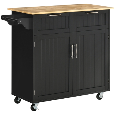 HOMCOM Rolling Kitchen Island, Kitchen Cart on Wheels with 2 Storage Drawers, 2 Door Cabinets and Towel Rack for Dining Room (Black, 2-Doors)