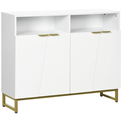HOMCOM Accent Sideboards, Kitchen Storage Cabinet with 4 Doors, Adjustable Shelves, Metal Base for Living Room, Hallway, White