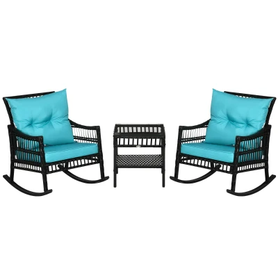Outsunny 3 Pieces Outdoor PE Rattan Rocker Chair Set, Rocking Chair with Tempered Glass Table Top,25"x26"x28", Turquoise Green