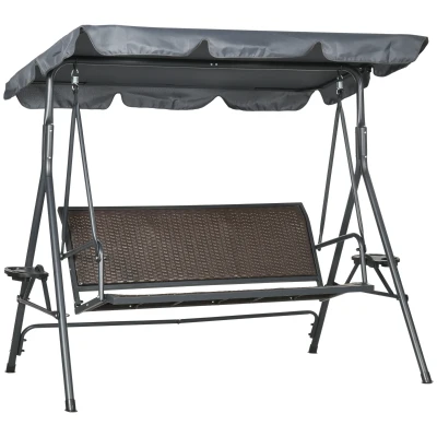 Outsunny 3-Seat Patio Swing Chair, Outdoor Canopy Swing Glider with Adjustable Shade, Rattan Seat and Steel Frame, for Porch, Garden, Poolside, Dark Grey