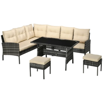 Outsunny 6 Pieces Wicker Patio Dining Set Outdoor Furniture Set with Removable Cushions, Glass Top Dining Table, 2 Ottomans, PE Rattan Conversation Set for Garden Poolside, Khaki