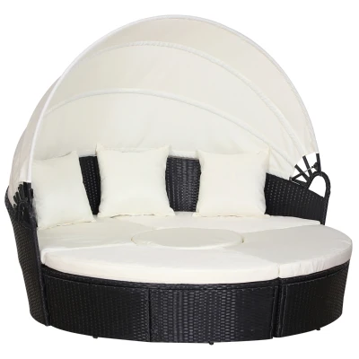 Outsunny 4 Pieces Outdoor Daybed with Retractable Canopy, PE Rattan Wicker Round Sofa Day Bed, Patio Sectional  Conversation Furniture Set with Cushions and Pillows, Cream White