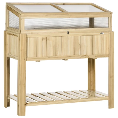 Outsunny Raised Garden Bed, Outdoor Wooden & PVC Elevated Planter Box with Cold Frame Greenhouse and Storage Shelf, Natural