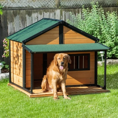 PawHut Wooden Outdoor Dog House, Raised Kennel for Medium/Large Dogs