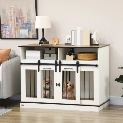 PawHut Double Dog Crate Furniture, White for Large & Small Dogs