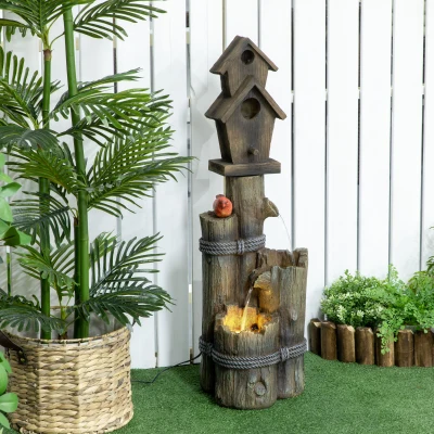 Outsunny Outdoor Fountain, 3-Tier Bird Bath with LED Lights, Brown