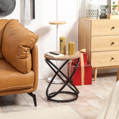 HOMCOM Industrial End Table with Round Tabletop, Sofa Side Table with Steel Frame, 15.7"x15.7"x19.7", Light Brown