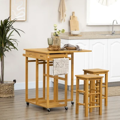 HOMCOM Kitchen Island Breakfast Cart Table & Chair Set with Seating