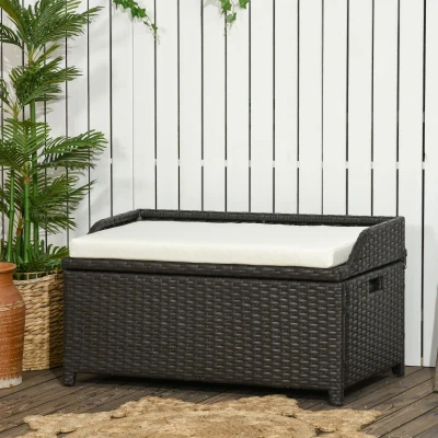 Outsunny Wicker Storage Bench, Outdoor Patio Container, Cream White
