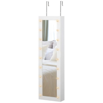 HOMCOM Jewelry Armoire with Mirror, Jewelry Cabinet with 18 LED Lights, Wall-Mounted and Over-The-Door Cabinet with 3 Mountable Heights and Drawer, White