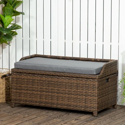 Outsunny Wicker Storage Bench, Gray Patio Container with Cushion