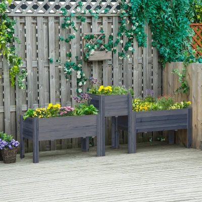 Outsunny Set of 3 Elevated Garden Beds, Wood Planter Boxes, Gray