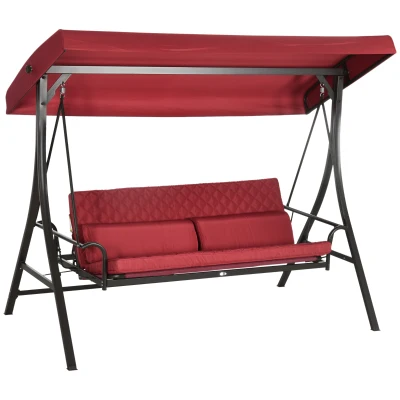 Outsunny 3 Person Porch Swing Bed, Outdoor Patio Swing Chair Bench Hammock with Adjustable Canopy, Cushions, Pillows for Porch and Backyard, Red