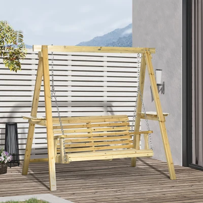 Outsunny 2-Seat Wooden Porch Swing Loveseat with Stand, Natural