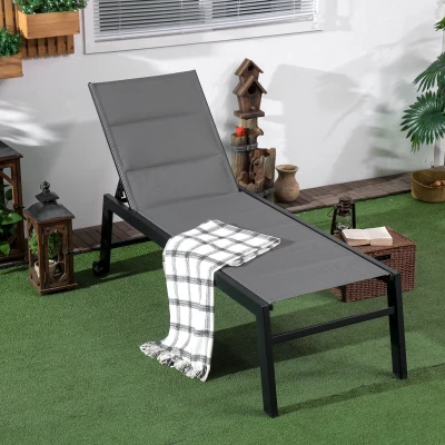 Outsunny Outdoor Chaise Lounge, 5-Position Recliner with Wheels, Gray