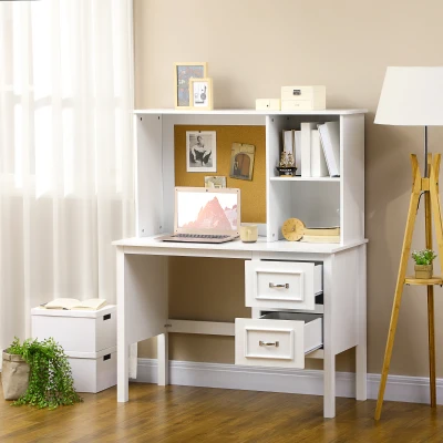 HOMCOM White Computer Desk with Drawers, Shelves & Corkboard