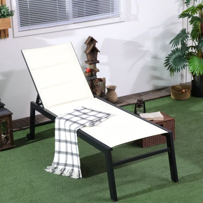 Outsunny Outdoor Chaise Lounge, 5-Position Recliner with Wheels, White