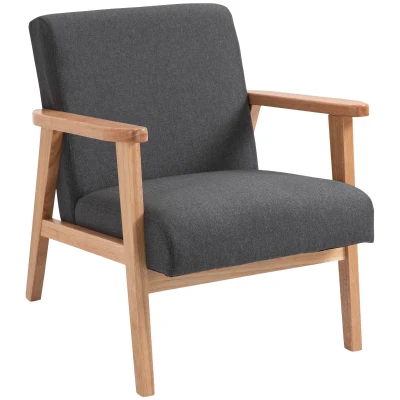 HOMCOM Mid-Century Modern Accent Chair Retro Fabric Armchair Wooden Arm Upholstered Lounge Chair for Living Room Grey