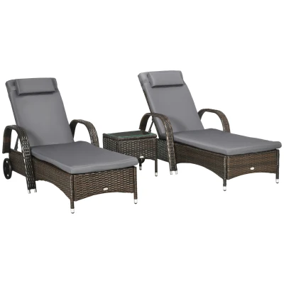 Outsunny 3 Pieces Wicker Patio Lounger Set with Table, PE Rattan Outdoor Lounge Chair Set with Cushions, Wheels, 5-Level Reclining Backrest, Headrest, Brown/Dark Grey