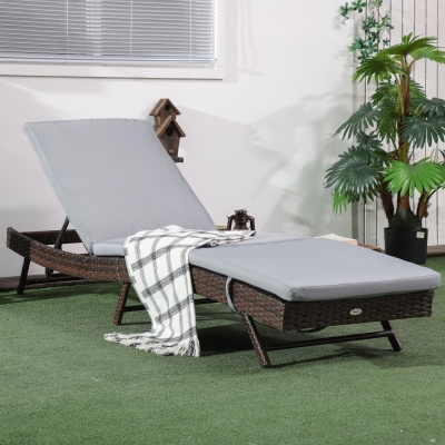 Outsunny Wicker Patio Lounger, Outdoor S Shape Recliners Lounge Chair w/ 5-Level Adjustable Backrest, Soft Padded Cushion for Outdoor Use, Grey
