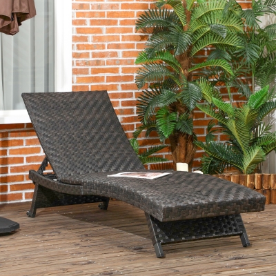 Outsunny Foldable Rattan Outdoor Lounger Chair Recliner with 5-Level Adjustable Backrest, Wheels for Garden, Patio, Mixed Brown