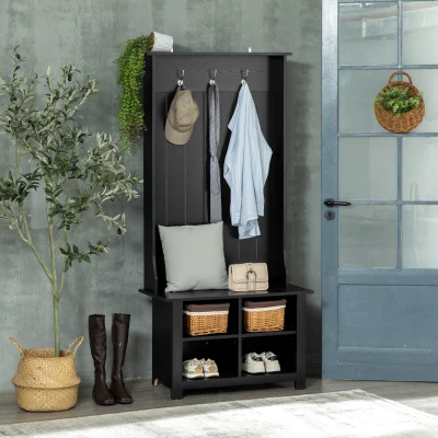HOMCOM Hall Tree Entryway Bench with Shoe Storage, Black