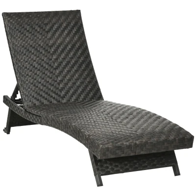 Outsunny Rattan Outdoor Lounger Chair Recliner with 5-Level Adjustable Backrest, Wheels for Garden, Patio, Poolside, Mixed Brown