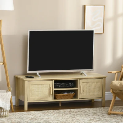 HOMCOM 60" Boho TV Stand with Rattan Door & Adjustable Shelf, Natural Wood