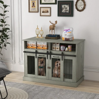 PawHut Double Dog Crate Furniture, Gray for Large/Small Dogs
