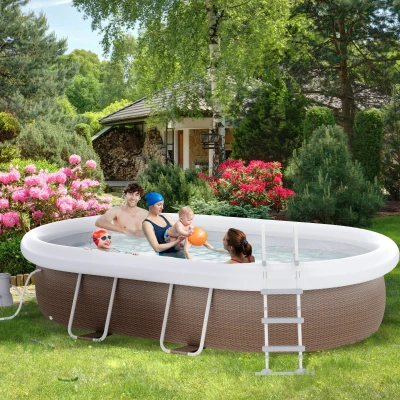 Outsunny 18' x 10' Above Ground Pool, Rectangular Steel Frame, Brown