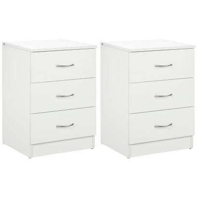 HOMCOM Bedside Table with 3 Drawers, Modern Wood Nightstand, Side Table with Anti-tipping Design for Bedroom, Set of 2, White