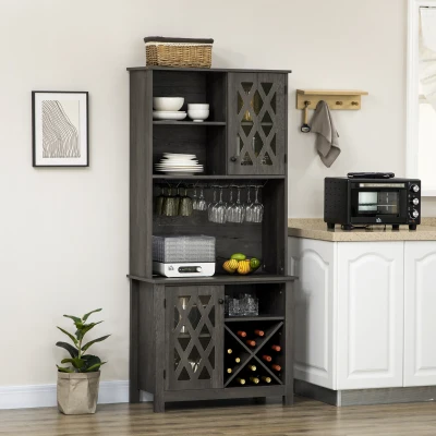 HOMCOM 72" Kitchen Pantry Buffet with Hutch & Wine Rack, Dark Grey