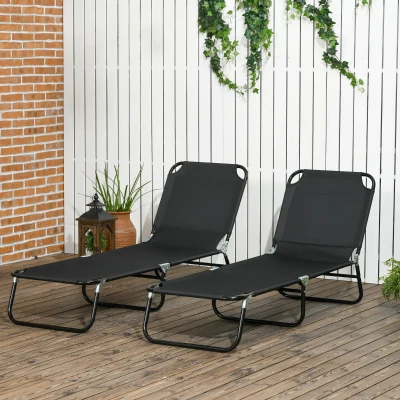Outsunny 2-Piece Folding Chaise Lounge Chairs, Black Steel Frame