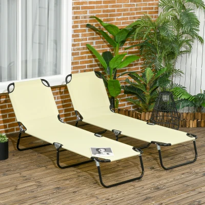 Outsunny 2-Piece Folding Chaise Lounge Chairs, Outdoor Steel Frame, Beige