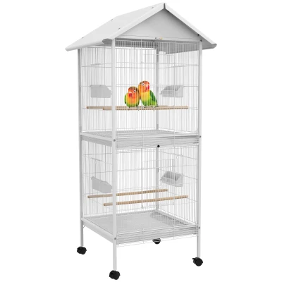 PawHut Wrought Metal Bird Cage Feeder with Rolling Stand Perches Food Containers Doors Wheels 67″ H, White