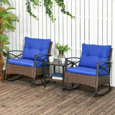 Outsunny 3-Piece Outdoor Wicker Rocking Chair Set, Blue