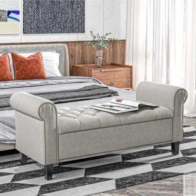 HOMCOM 50" Tufted Storage Ottoman Bench with Rolled Arms, Gray