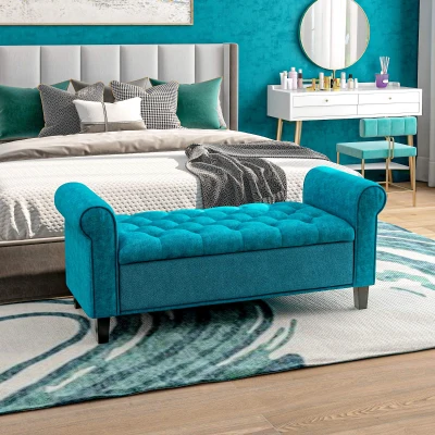 HOMCOM 50" Teal Storage Ottoman Bench with Rolled Arms & Tufted Design