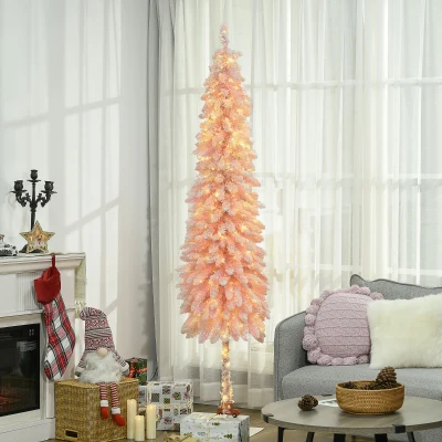 HOMCOM 6' Pink Pencil Prelit Flocked Christmas Tree with Snow Branches