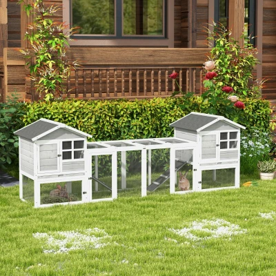 PawHut 102" 2-in-1 Wooden Rabbit Hutch, Gray Pet Playpen