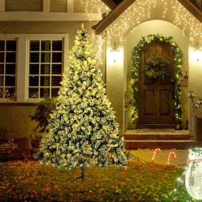 HOMCOM 9' Snow Frosted Christmas Tree with LED Lights, Steel Base