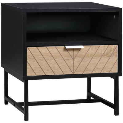 HOMCOM Modern Bedside Table with Drawer, Nightstand with Storage Shelf, Sofa End Table for Bedroom, Black and Oak