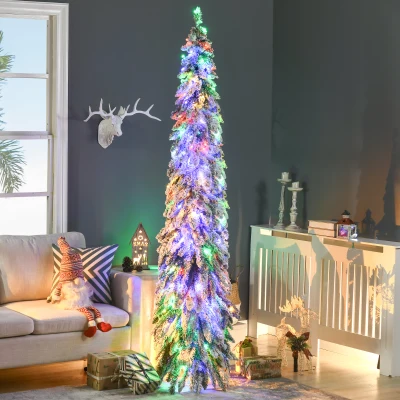 HOMCOM 7' Slim Artificial Christmas Tree with Frosted Branches & LED Lights