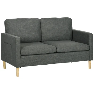 HOMCOM 56" 2 Seat Sofa, Modern Love Seats Furniture, Upholstered 2 Seater Couch with Side Pockets, Solid Steel Frame, Grey