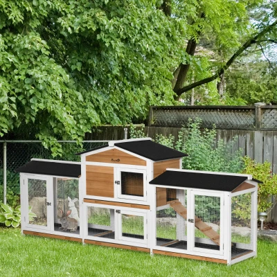 PawHut 90.5" Wooden Rabbit Hutch with Double Run, White